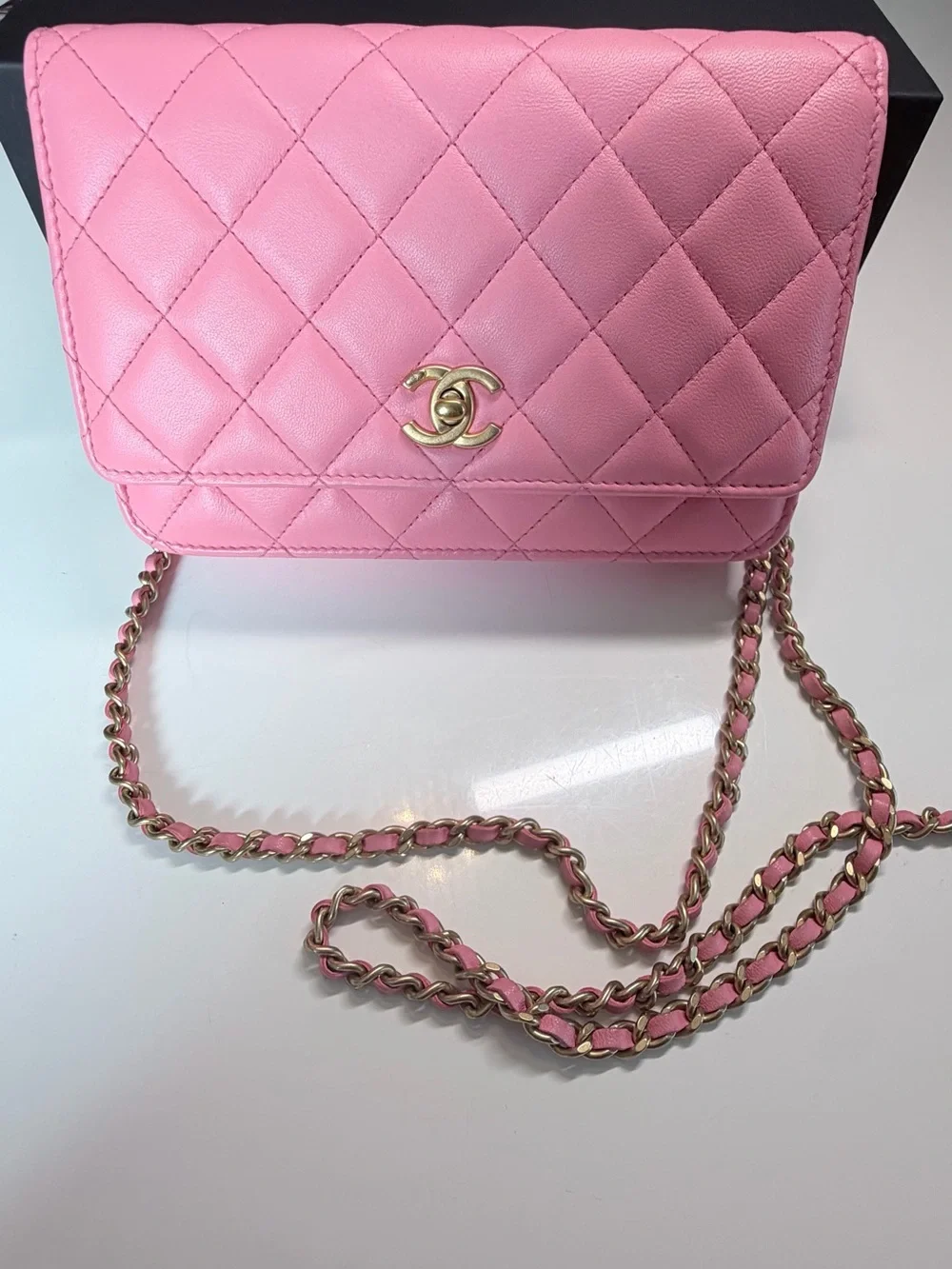 Chanel Lambskin Quilted CC Pearl Crush Wallet on Chain WOC Pink- Microchipped